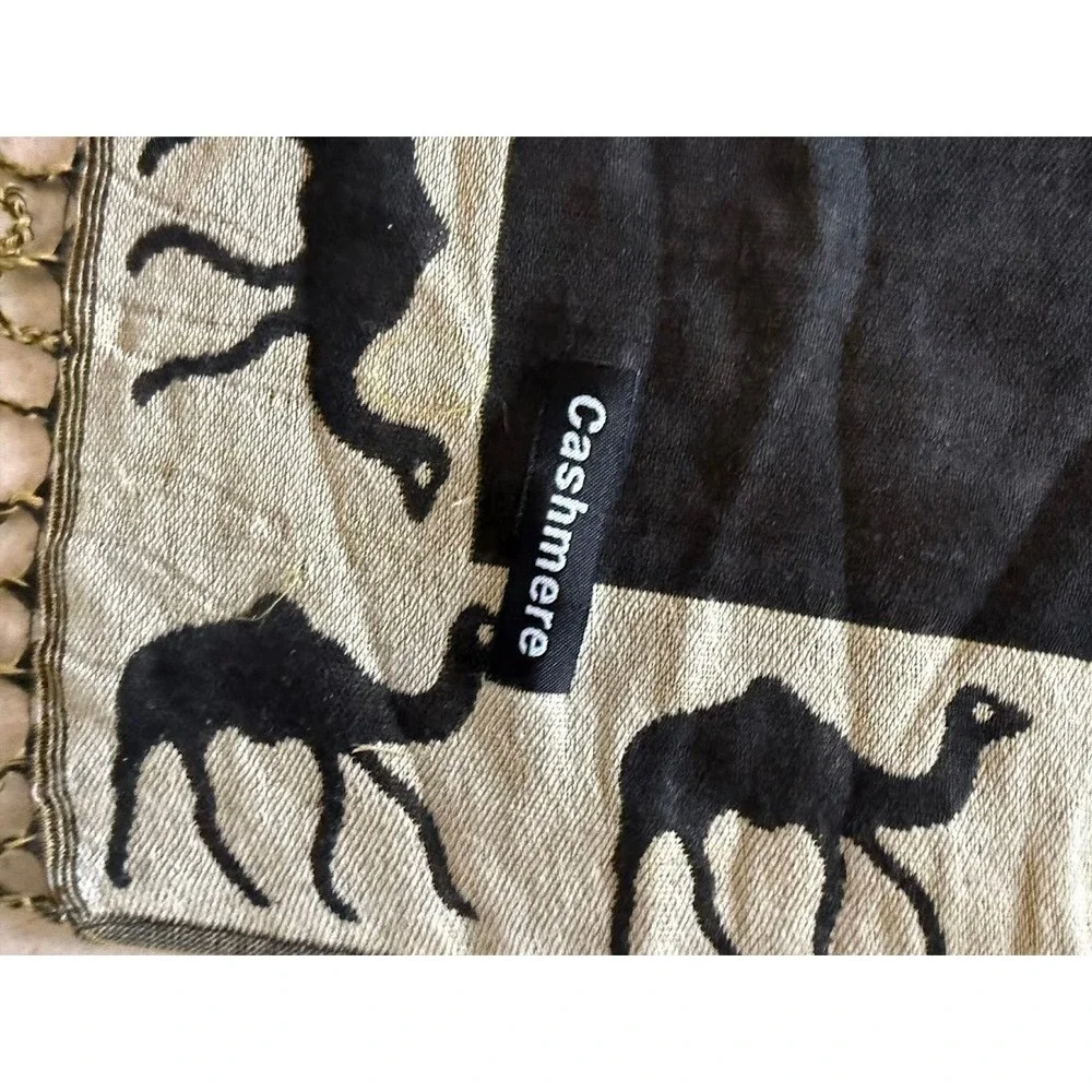 Woven Camel Tapestry Wall Hanging Desert Motif Fringe Textile Black Tan Cashmere